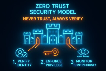 Neon Zero Trust Security Architecture Model Infographic for Cybersecurity