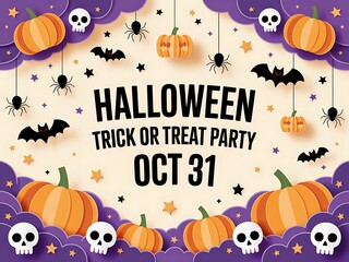 Halloween trick or treat party invitation with pumpkins and skulls