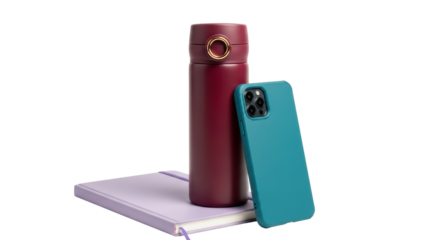 Smartphone with a water bottle and a notebook
