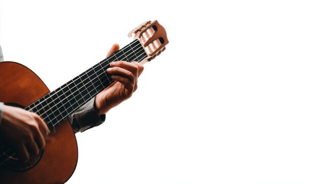 A person is playing a guitar. The guitar is brown and has a black head. The person is holding the guitar with their left hand - Powered by Adobe