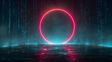 Neon gate radiating pink and turquoise light surrounded by digital rain and holographic symbols in a futuristic cinematic style
