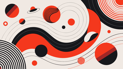Abstract composition with planets and curved lines art