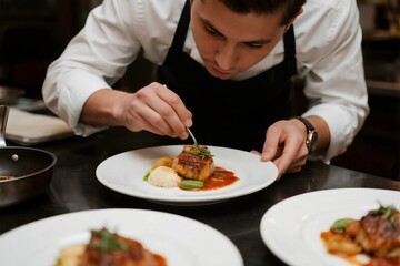 Professional chef delicately garnishing gourmet dish with fresh herbs, creating a culinary masterpiece ready to be served for an exquisite dining experience
