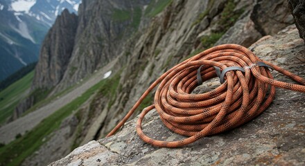 Coiled Orange Climbing Rope on Rocky Mountain Terrain with Scenic View