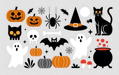 Collection of halloween icons featuring pumpkins ghosts bats spiders witch hat and black cat
