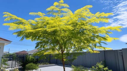 Vibrant Yellow Leaved Tree in Sunny Backyard Landscape