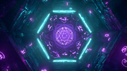 Pentagon shaped neon gate glowing in purple and emerald surrounded by floating holographic runes in a cyberpunk scifi mood