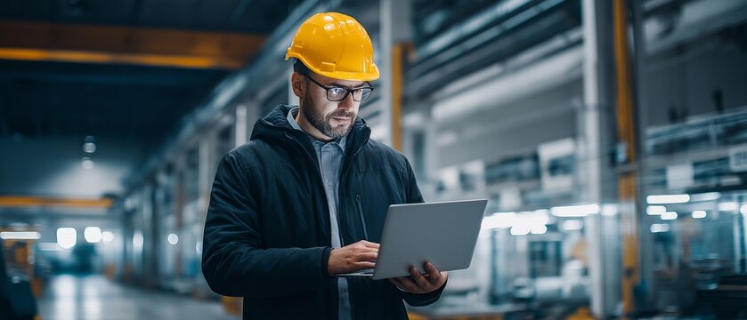 A chief engineer wearing a hard hat holds a laptop as he walks through a light-colored, modern factory. A handsome and successful man working in a modern industrial setting. - Powered by Adobe