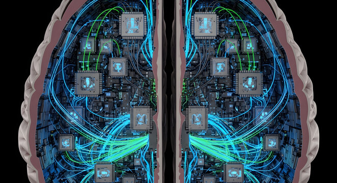 Digital Consciousness: A Technological Exploration of Artificial Neural Networks and Brain-Computer Interfaces, Depicting the Convergence of Biology and Future Engineering, AI Innovations