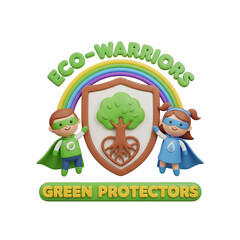 Fototapeta premium Realistic 3D illustration of two eco-warrior children protecting the environment, isolated in white