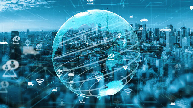 A futuristic digital globe hovers over an urban cityscape, symbolizing global connectivity and the impact of technology on modern infrastructure and communication. Xenic