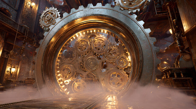 Spiral vortex neon doorway glowing in red and cyan with swirling holographic energy in a futuristic scifi alley