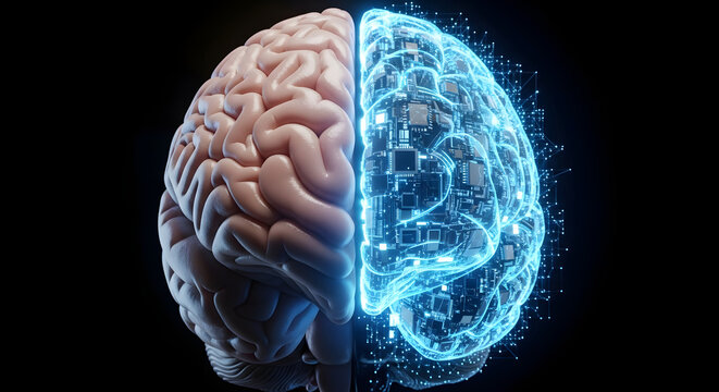 Digital and Organic Fusion: Exploring the Nexus of Human Cognition and Artificial Intelligence Represented by a half human brain connected to circuits and light beams
