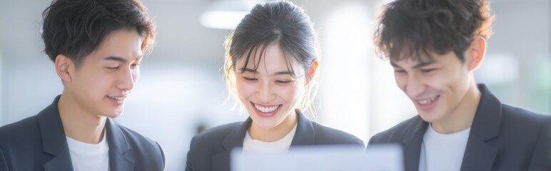 A woman with short hair is smiling at two men. One of the men is wearing a suit