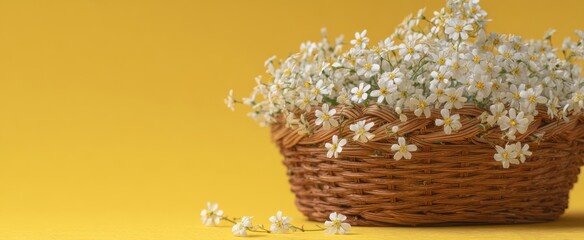 The beautiful floral arrangement in a woven basket against a yellow backdrop.