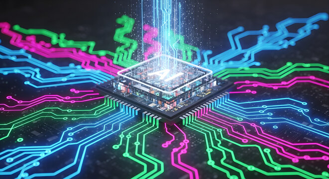 Depicting the core of artificial intelligence with vibrant circuits and luminous data streams to illustrate the cutting-edge advancements in modern technology and computational processing