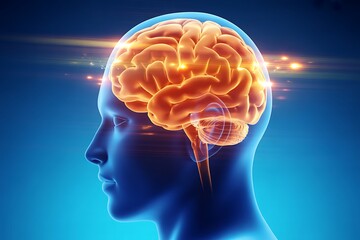 Obraz premium Profile of a human head with a glowing brain, representing intelligence, cognition, and mental activity