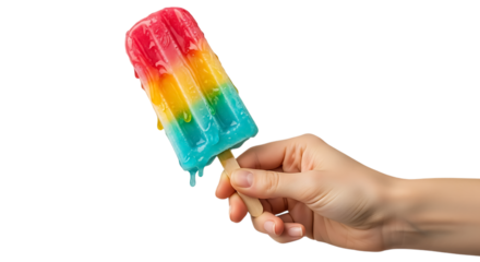Hand holding a melting rainbow popsicle isolated on transparent background