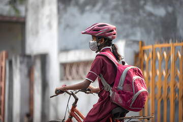 A girl wearing maroon school unfiform and bike helmet going to school on her bicycle. School students return to classrooms after COVID-19 outbreak
