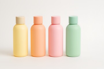 Pastel-colored cosmetic bottles, minimalist product display, clean background, branding mockup, four containers, soft aesthetic.