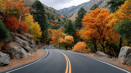 Fototapeta premium Scenic mountain road with vibrant autumn foliage, winding through colorful forest, surrounded by rocky landscape and dramatic peaks, peaceful and inviting atmosphere