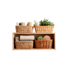 Organized Wooden Shelf with Wicker Baskets and Soft Textiles