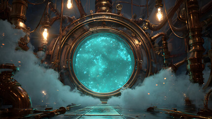 Steampunk vortex portal framed by brass coils and copper pipes with glowing turquoise light, sparks, and steam clouds