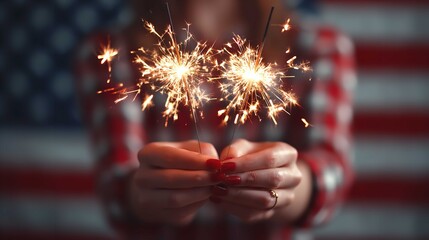 4th of July Sparkler Celebration, Fireworks, American Flag Background stock image