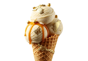 Triple scoop vanilla ice cream cone with gold leaf and caramel drizzle isolated on transparent background