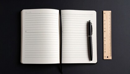 Open lined notebook with black pen and wooden ruler on dark desk surface representing study writing and measurement tools in academic or office setting