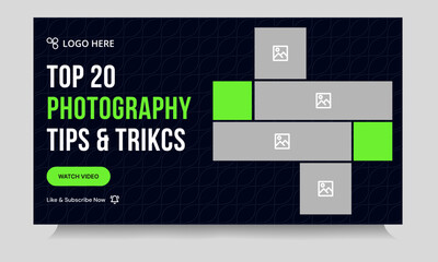 Best photography tips and tricks video thumbnail banner design, daily photography techniques video cover banner design, fully customizable vector eps 10 file format