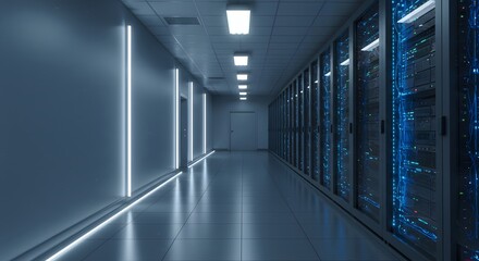 Data center server room with glowing lights for technology concept