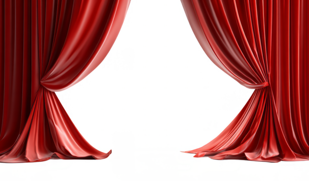 Red theater curtains are gracefully parted, exposing an empty stage, ideal for various performances.