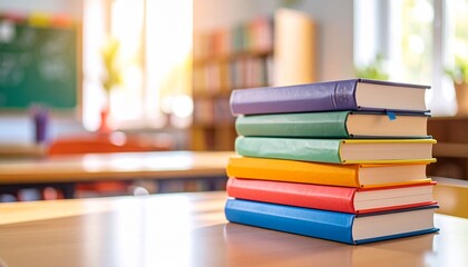 Neatly stacked colorful books on wooden table in bright classroom with green chalkboard shelves filled with books and desks illuminated by natural light