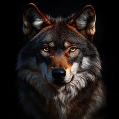 Fototapeta premium Close-up portrait of a majestic wolf with intense amber eyes and rich fur details against a dark background conveying strength and mystery