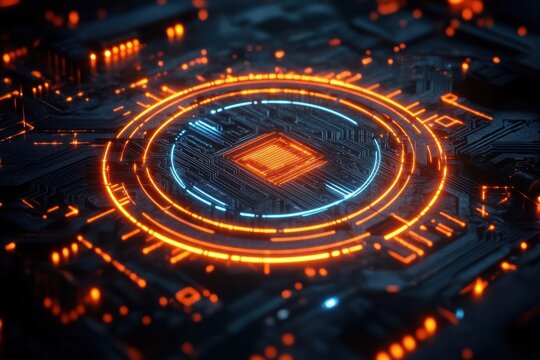 Close-up of a futuristic glowing microchip circuit board with bright orange and blue LED lights creating a high-tech digital effect