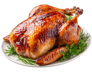 Whole roasted turkey on white platter with golden crispy skin, garnished with fresh rosemary and parsley, festive dinner meal, delicious and inviting for holiday celebration