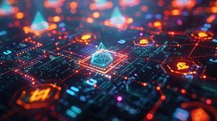 Abstract digital background with glowing geometric shapes and circuit board pattern.