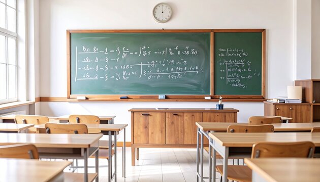 Classroom with wooden desks and chairs facing green chalkboard filled with integral calculus formulas and trigonometric identities illuminated by natural light from large windows - Powered by Adobe