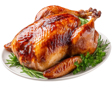 Whole roasted turkey on white platter with golden crispy skin, garnished with fresh rosemary and parsley, festive dinner meal, delicious and inviting for holiday celebration