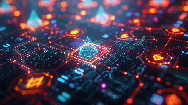 Abstract digital background with glowing geometric shapes and circuit board pattern.