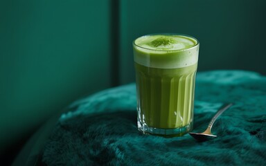 A glass of matcha latte with a spoon on a textured green surface