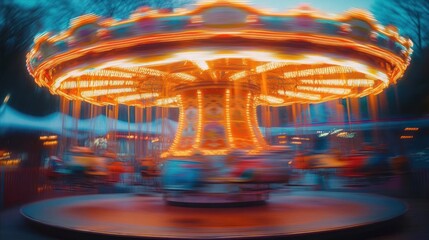 brightly lit carousel spinning at dusk with blurred motion capturing vibrant warm lights and a lively carnival atmosphere