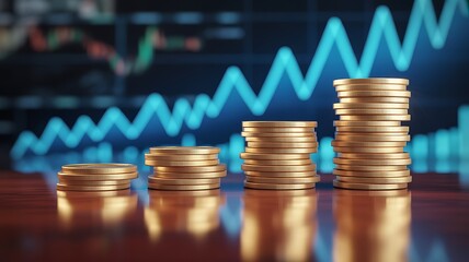 Stacks of coins showing financial growth with rising stock market chart