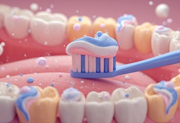 Toothbrush cleaning teeth with pastel colored toothpaste