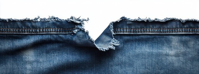 Close-up of a frayed and torn blue denim fabric edge with visible stitching and threads against a white background