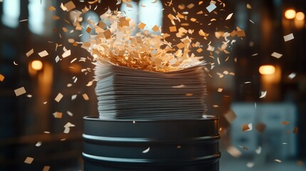 stack of papers with shredded pieces flying off in a dynamic motion inside a dimly lit room