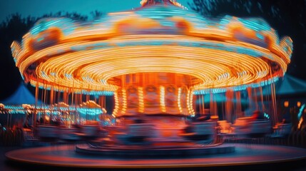 Brightly lit carousel spinning at night with colorful glowing lights creating a vibrant and joyful atmosphere