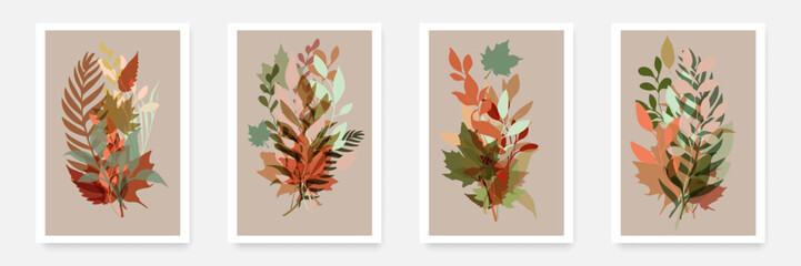 Autumn Backgrounds Vector Poster Set. Leaves Banner in Autumn Color. Fall Season Wallpaper Template Cards Design. Autumn Template for Poster, Wall Decor, Banner, Web, Social Media.