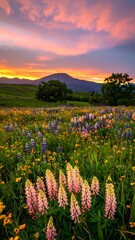 Wildflower meadow at sunset